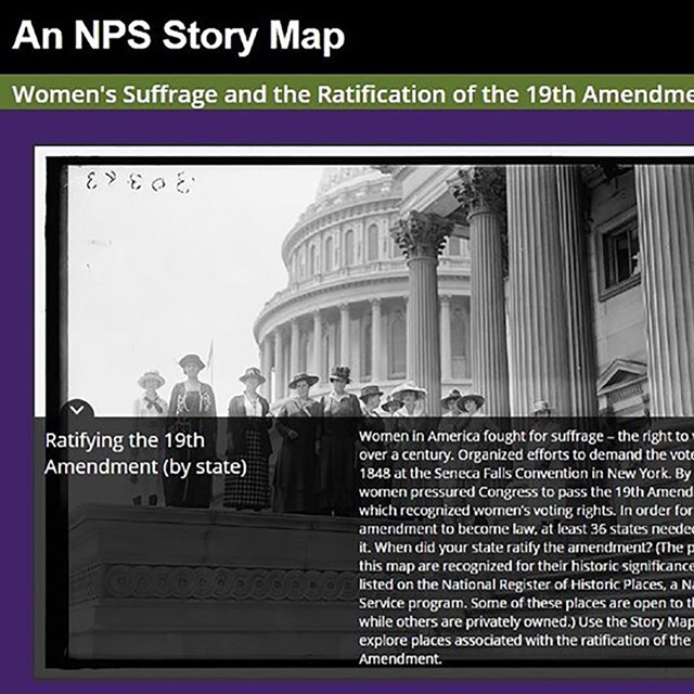 Screen capture of the opening screen of the Places of Women's Suffrage StoryMap