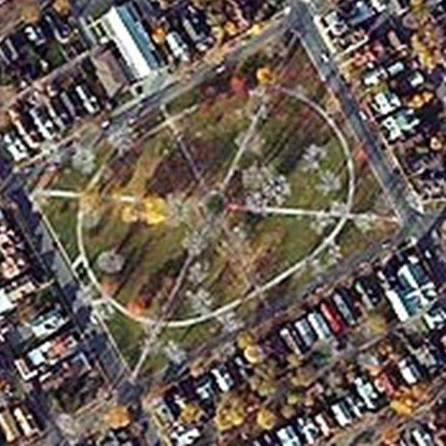 Aerial image of Jones Square Park, City of Rochester