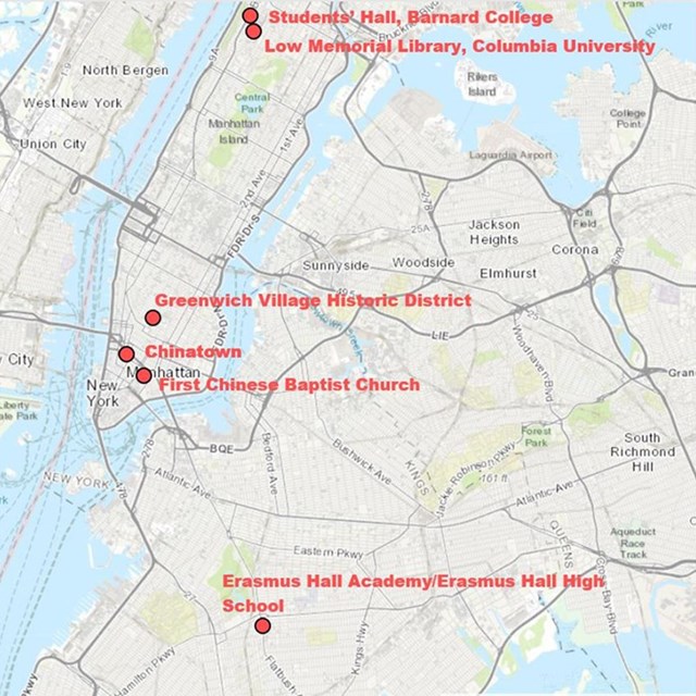 map showing the locations of several places in New York associated with Mabel Lee