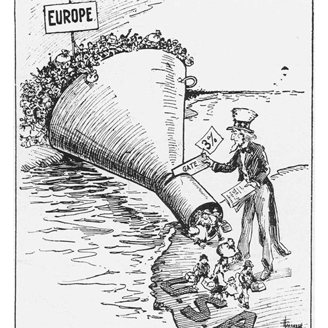 Political cartoon of Uncle Sam restricting immigration using a funnel