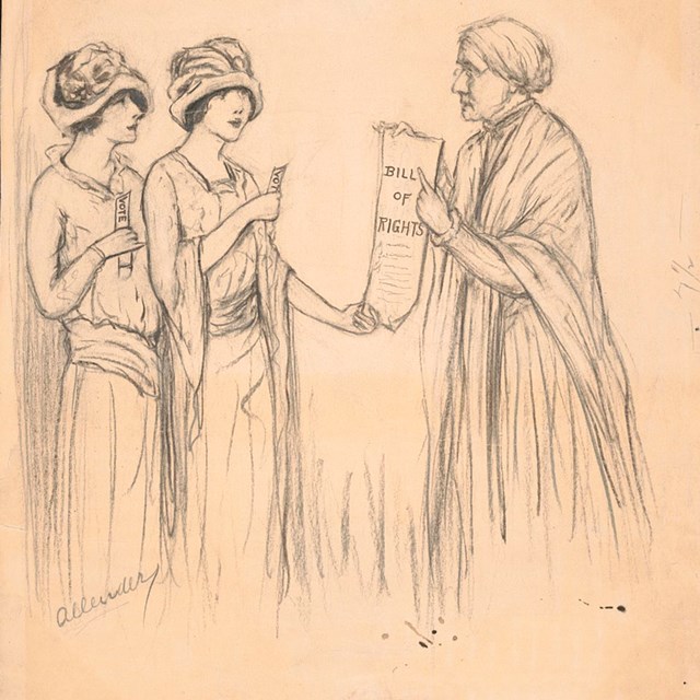 pencil drawing of Susan B Anthony and young women who just got the vote. By Nina Allender
