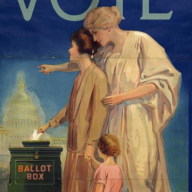 poster showing justice pointing young women towards the US Capitol, 1920. Library of VA