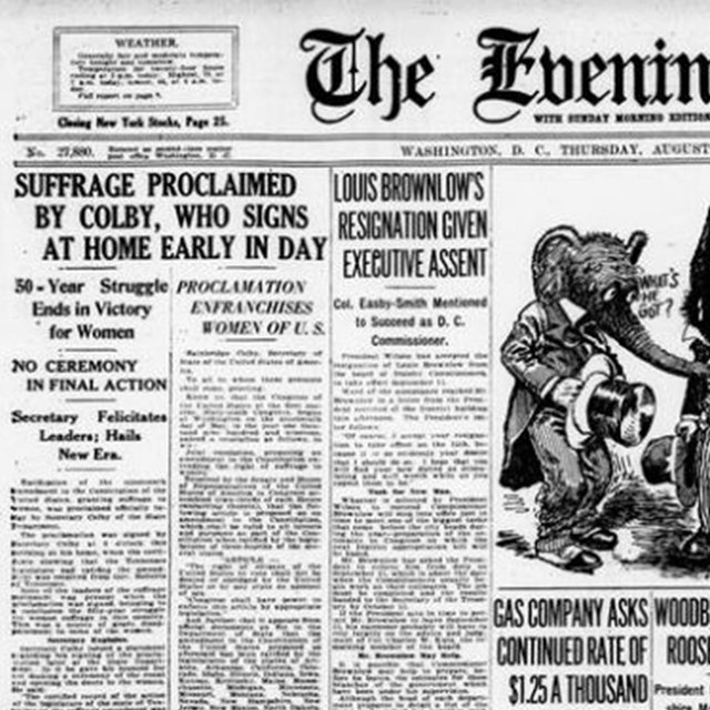 headline from the Washington Evening Star on 19th amendment becoming law