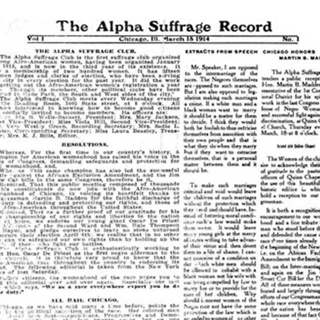 image of the front page of the Alpha Suffrage Record. Digital Library of Illinois History.