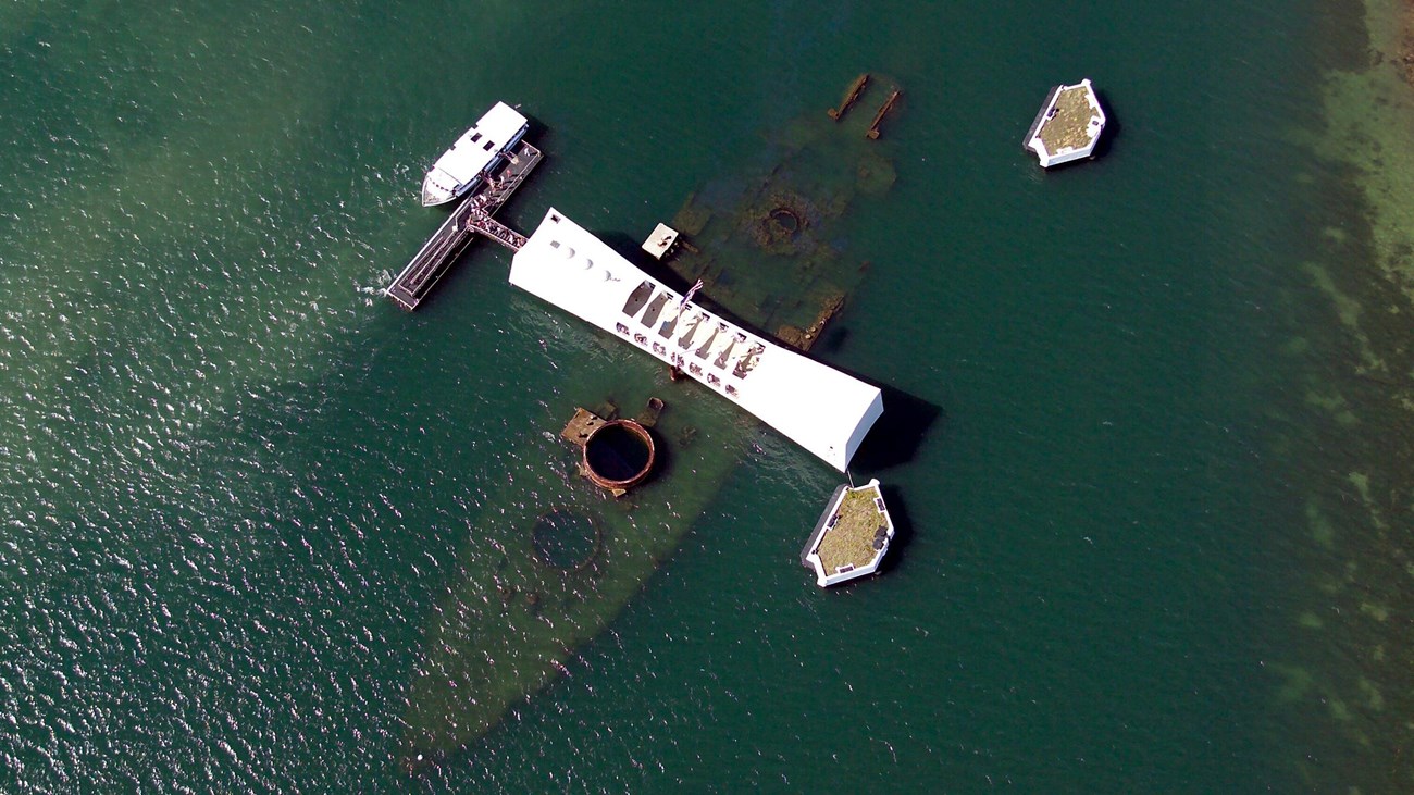 the USS Arizona memorial and shipwreck from above