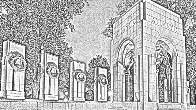 a B&W drawing of the WWII memorial; tower says 'Atlantic'