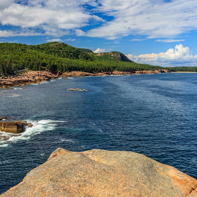 blue waters and green trees surround the ocean