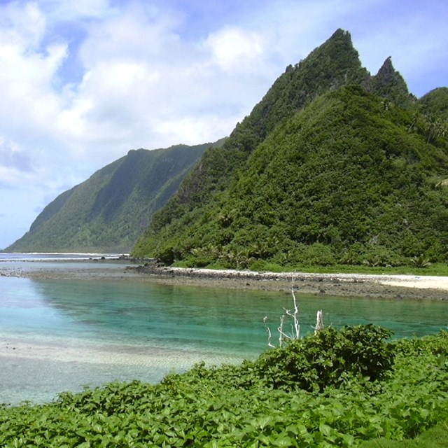 Color photo of tropical tree-covered mountains next to white sand beaches
