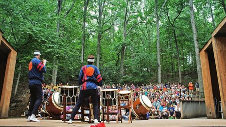 An "upstage" view of a Children's Theatre-in-the-Woods performance.