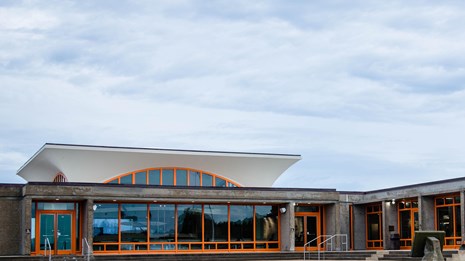 Mission 66 visitor center with orange trim