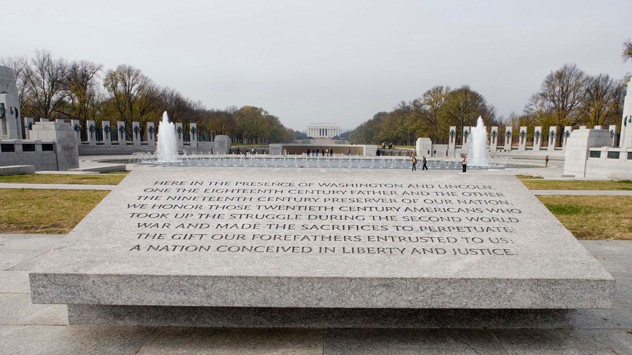 Stone tablet at entrance of World War II Memorial