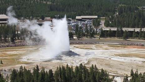 People watch from a distance as a geyser erupts steam and water high into the air.