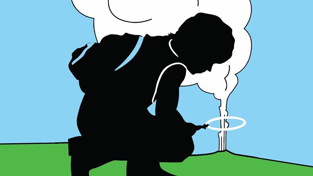 A graphic of a geyser erupting behind the silhouette of a young boy with a magnifying glass.