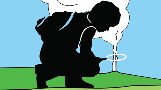 A graphic of a geyser erupting behind the silhouette of a young boy with a magnifying glass.