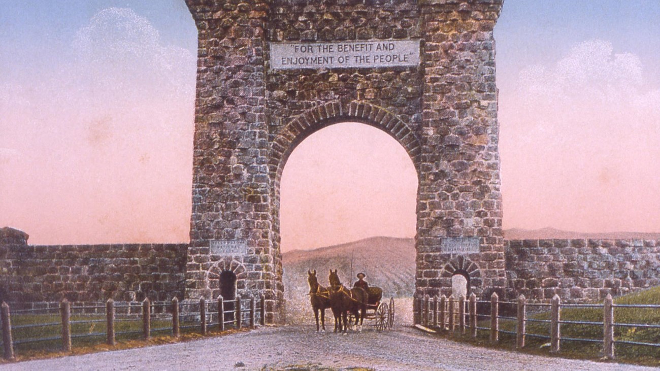 Scan of an historic Haynes postcard showing Roosevelt Arch