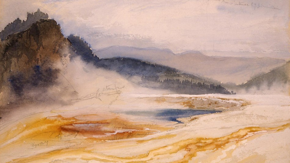 Thomas Moran painting titled "Great Springs of the Firehole River"
