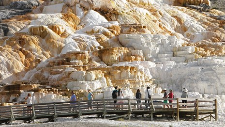 Visitors on a boardwalk gaze out at orange and white colored travertine terraces.