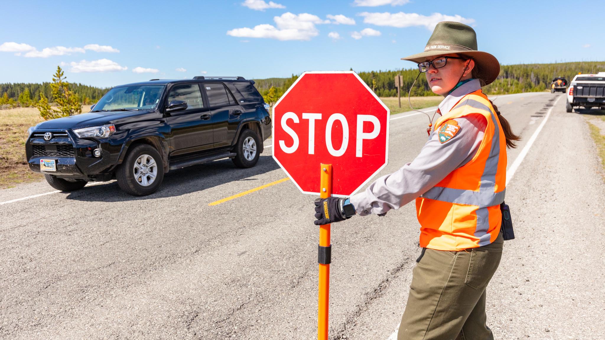 A flagger guides cars through road construction.