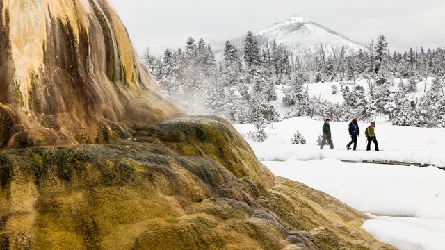 People walking in a snowy landscape behind a thermal feature