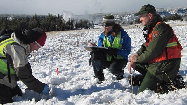 A park ranger accompanies researchers during the winter field season