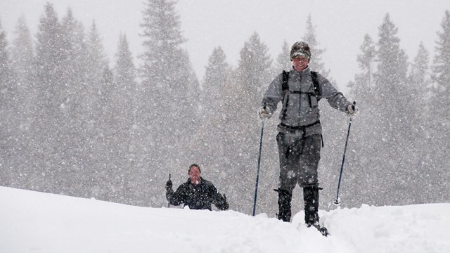 A pair of skiers on the Barronette Trail.