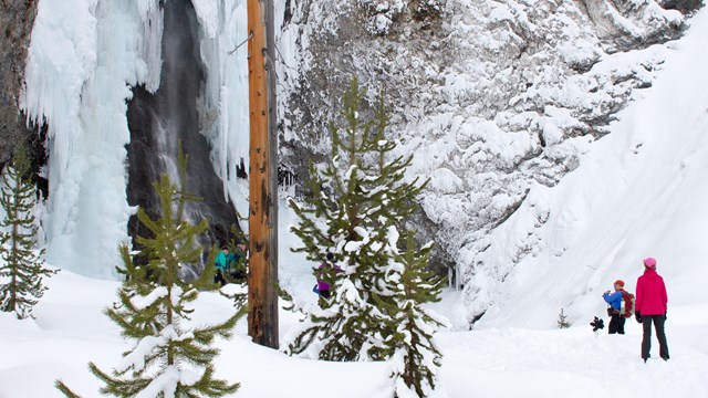 A couple standing on snow at the base of an icy waterfall.