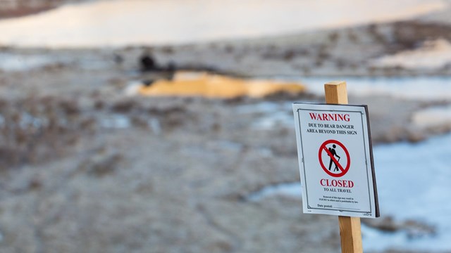 A closure sign warns people about the presence of bears on Blacktail Deer Plateau