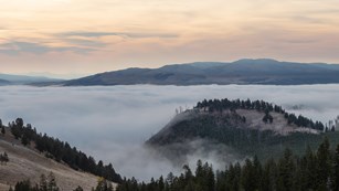 Fog fills a river valley in a landscape