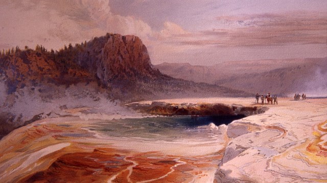 Historic Moran water color of hot springs with group standing in distance