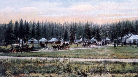 An historic postcard of a large tent camp and stage coaches