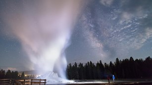 Two people watch a geyser erupt under a star-filled night sky.