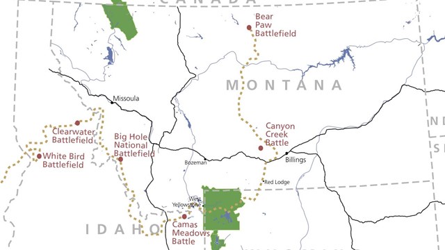 Map of Idaho, Wyoming, and Montana showing the path of flight the Nez Perce took.