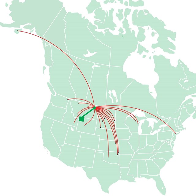 A map of North America showing the places where bison are transferred
