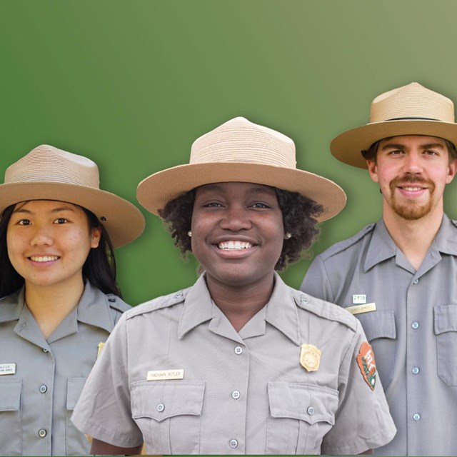 Three park rangers, two women and one man, in uniform with flat hats in front of a green background.