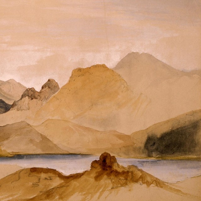 A painting of mountains behind a lake on brown parchment.