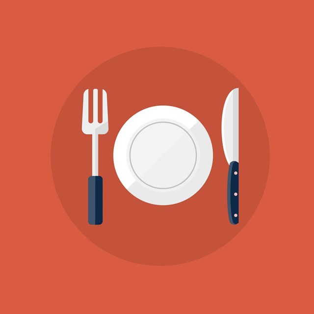 A graphic of a plate with a fork and knife