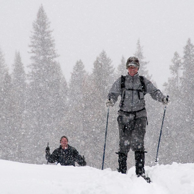A pair of skiers on the Barronette Trail.