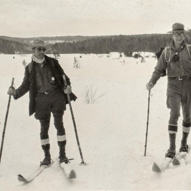 Rangers Frank Childs and Guy McCarty on skis in Virginia Meadows