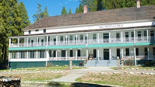 The Wawona Hotel, a large white Victorian hotel with green roof