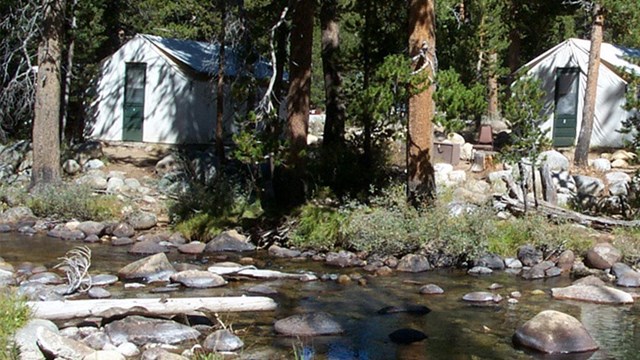 White canvas-sided tent cabins at Tuolumne Lodge, seen across a river and through trees.