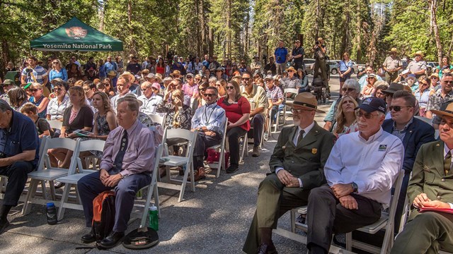 Image of crowd from dedication of newly renovated Mariposa Grove of Giant Sequoias