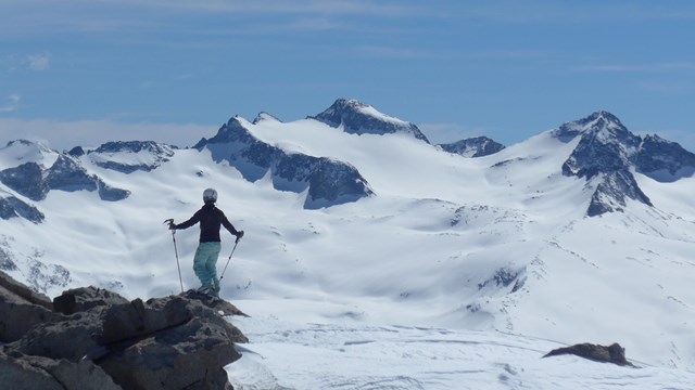 Skier in the shadow of Mounts Lyell and Maclue