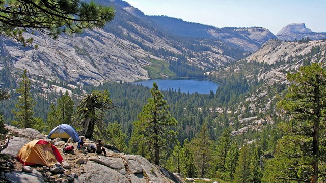 Merced Lake and back of Half Dome with backpackers