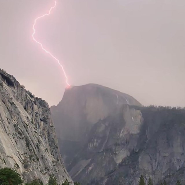 bolt of lightning near the top of Half Dome