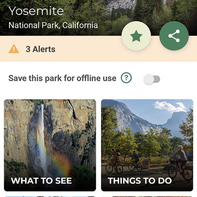 Yosemite NPS app options on screen