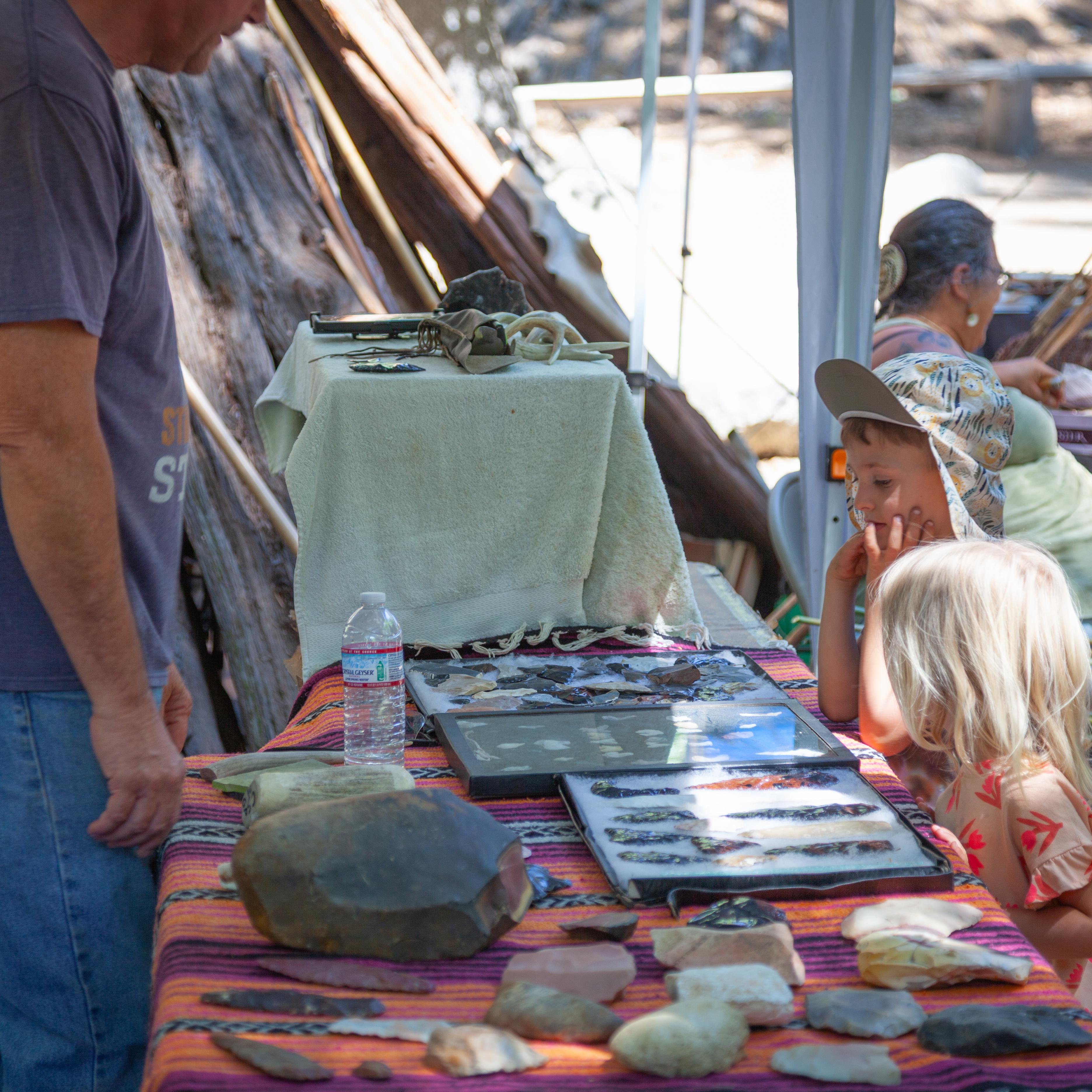 A person stands in front of a table covered with rocks. Two kids look at the rocks.