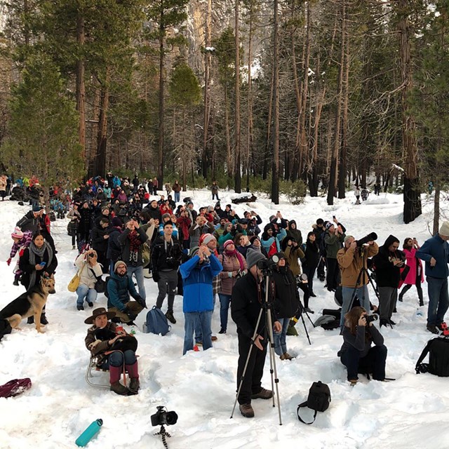 Image of groups of visitors using telescopes in a meadow in order to look at rock climbers.