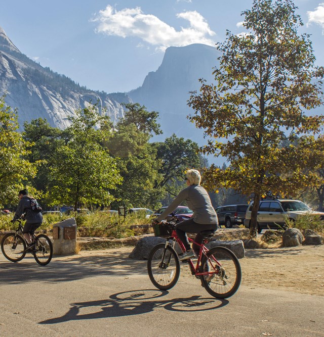 bicyclists on bike path in Yosemite Valley.