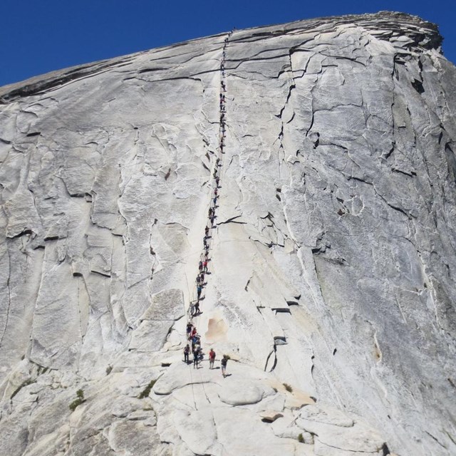 People ascending the Half Dome cables 