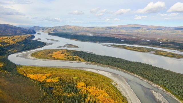 Aerial view of the Yukon River in fall